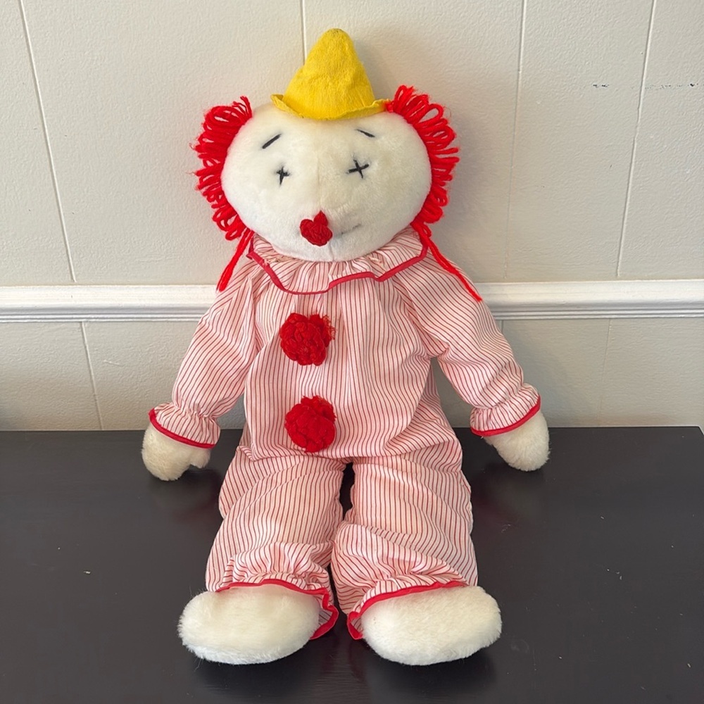 Vintage Eden Clown Plush – 25” – Red‎ & White Striped Outfit with Yellow Hat